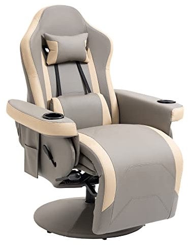 HOMCOM Reclining Gaming Chair, 360° Swivel Racing Video Gaming Manual Recliner with Footrest, Headrest and Cup Holder, PU Leather Armchair with Storage Pocket, Grey