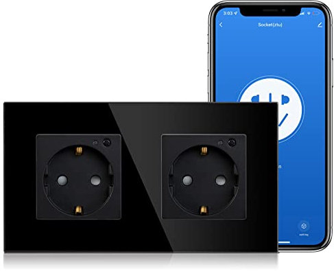 BSEED Schuko Smart Alexa ZigBee 2 Fach Steckdose 16A Glassteckdose, 1 Pack 1 Weg Schwarz 157mm Unterputz-Installation APP-Steuerung Arbeit mit Alexa/Google Home DIY Free Spin Nur 2.4 GHz