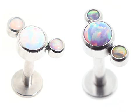Body CAC 2PCS-16g(1.2mm) F136 Medical Implant Grade Titanium Labret Tragus Flat Back Studs, Internally Threaded Lip Cartilage Helix Piercing Jewellery Earrings with White/Lavender Opal Top