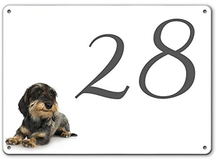 banjado® Hausnummernschild personalisierbar Motiv Dackel - Hausschild personalisiert Draußen mit Straßennamen möglich - Hausnummernschild Edelstahl versch. Motive - inkl. Montagematerial