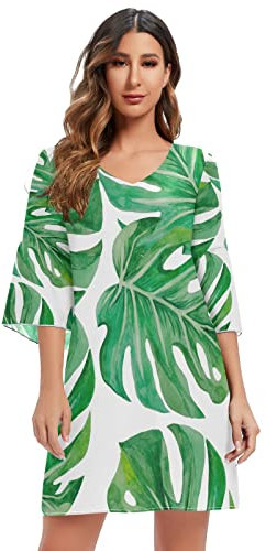 Mnsruu Monstera Blätter Stilvolle Damen Casual Chiffon Minikleid 3/4 Ärmel V Ausschnitt, mehrfarbig, XXL/3XL