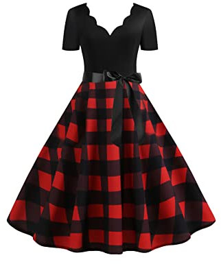 YMING Femmes Robe Trapèze Robes De Cocktail Fluides Robe Imprimée en Treillis Robes à Manches Courtes Rouge Noir XL