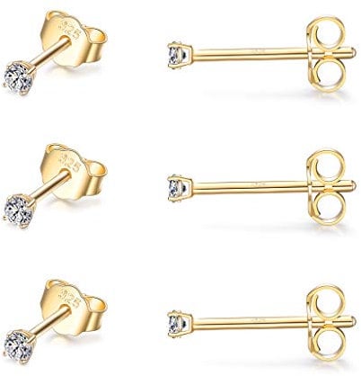 CERSLIMO 3 Pairs Sterling Silver Stud Earrings for Women Men Girls 2mm Tiny Round CZ Cubic Zirconia Gold Stud Earrings Set Cartilage Small Tragus Earrings for Sensitive Ears