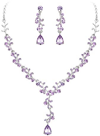 Clearine Juegos de Joyas de Mujer Boda Nupcial Hoja Lágrima Cristal Collar Pendiente Conjunto Filigrana Joyería Conjunto,Color Violeta Plata-Tono