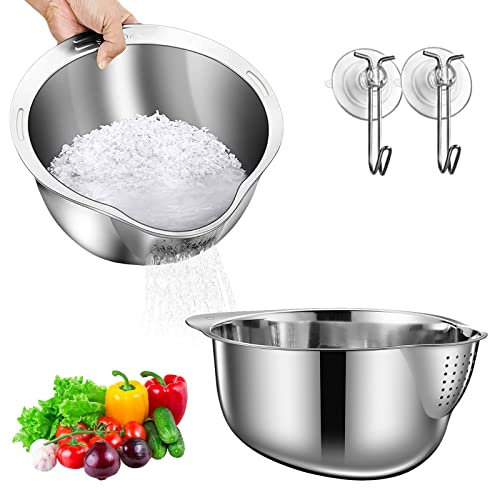 2pcs Rice Strainer Stainless Steel, Rice Washer Bowl 4in1 Rice Drainer, Rice Washer Quinoa Strainer Versatile Rice Washing Bowl, Rice Washing Colander for Vegetable, Fruit, Rice