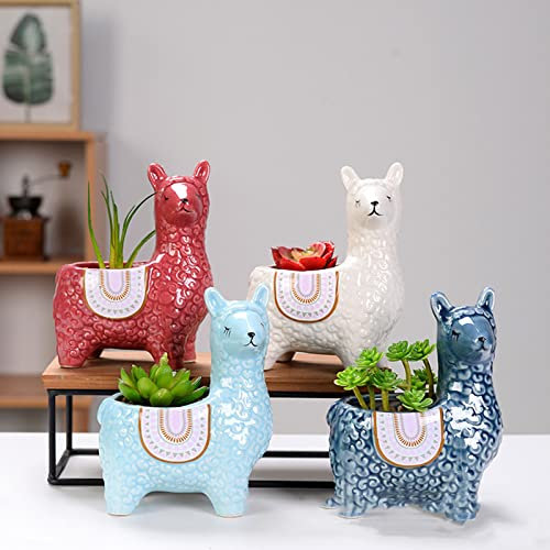 JTBDWOSK Niedlicher Alpaka-Keramik-Blumentopf, Sukkulenten-Kaktus-Topf mit Abflusslöchern Dekorative Tierförmig Blumentopf für Büro Küche Garten(4pc),B