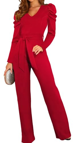 Coloody Damen Lang Jumpsuit Overall Hosenanzug V Ausschnitt Elegant Romper Kurzarm Rundhals Playsuit mit Gürtel Hosenanzug Breite Weites Bein Overall