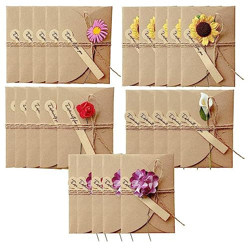 MXDHOKY 25 Stück Getrocknete Blumen Grußkarten, Retro Kraftpapier-leere Umschläge, Retro Kraftpapier Grußkarte, Unbelegte Kraftpapier Karte, für Weihnachten, Geburtstag, Muttertag, Hochzeit