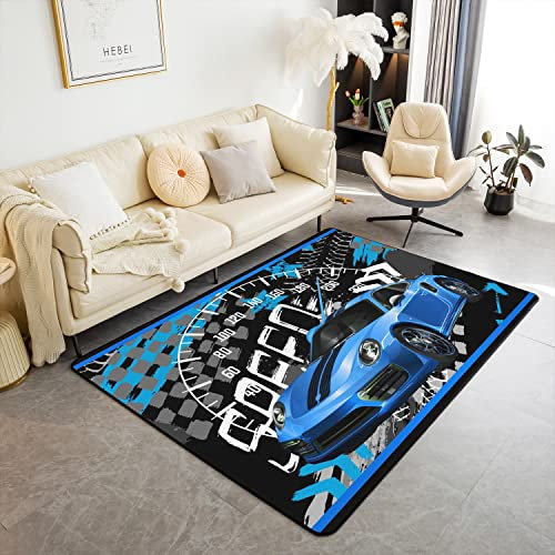Loussiesd Speed Sportwagen Area Teppich 100x150cm Rennauto Wohnzimmer Teppiche Extreme Sport Dekorative Teppich Automobil Innenbodenmatte Blau Schwarz Küchenteppich Teppich Wetterfest rutschfest
