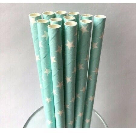 LMS Paper Straws 25pcs, Biodegradable Recyclable Drinking Straws for Wedding | Birthday Party Straws for Cocktail, Holiday, Coffee, Soda, Baby Shower Suppliers (Light Green Stars)