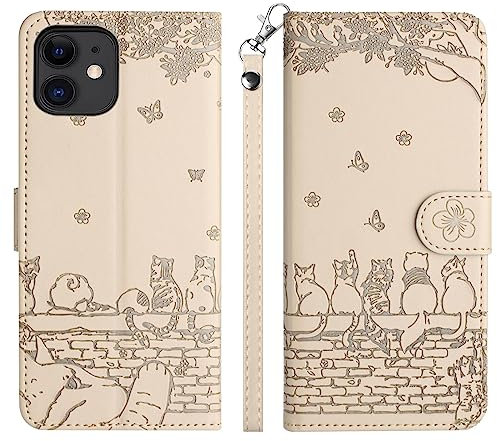 Aisenth Handyhülle für iPhone 12 Mini/iPhone 13 Mini (5,4 Zoll), Katze, Schmetterlings Muster Leder Handytasche Brieftasche Klapphülle Etui Schutz Hülle mit Ständer, Kartenfächer -Beige