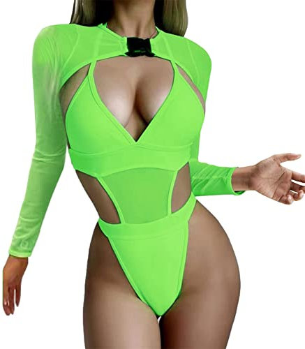 Rave Outfits für Damen Festival Bodysuit Neon Body Crop Top Lange BadeBademode Mesh Shrug mit Schnalle Club Party Crop Top Langarm Mesh mit Schnalle für Festival Lime Green High Cut Fischnetz Top Top,