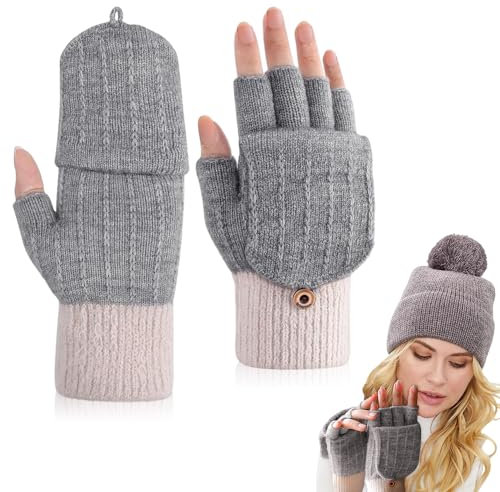 mizikuu Fingerlose Handschuhe, Convertible Warm Strick Halbfinger Handschuhe Damen Winterhandschuhe mit Flip Top Touchscreen Halbfinger Fäustlinge Sports Gloves für Kaltes Wetter, Grau