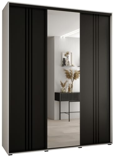 MEBLE KRYSPOL Davos 7 200 Schlafzimmerschrank mit DREI Schiebetüren - Moderner Aufbewahrungsschrank mit Spiegel, Kleiderstange und Regalen - 235,2x200x60 cm - Weiß Schwarz Schwarz