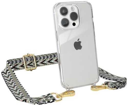 EAZY CASE Handykette - Verstellbares Taschenband kompatibel mit iPhone 15 Pro, Schulterriemen, Handykordel mit Silikon Hülle, Umhängetasche, Grün Schwarz Gold