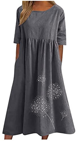 Zeiayuas Cotton Linen Dresses for Women T Shirts Summer Midi Dress Short Sleeve Round Neck Long Dress Ladies Beach Loose Solid Color Casual Dresses UK Plus Size 8-22 Dark Gray