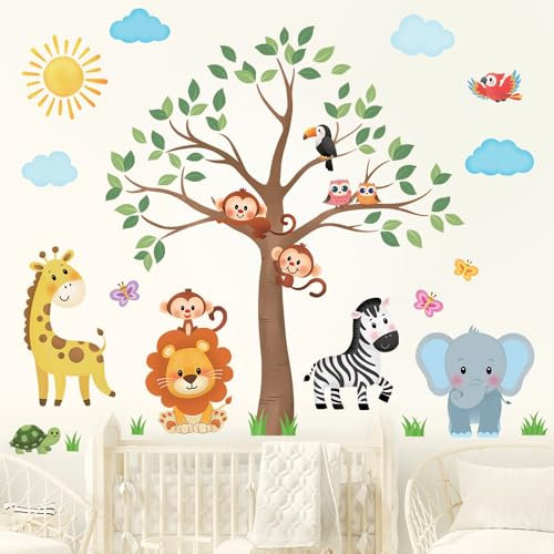 DECOWALL SG2-2323 Tieren und Bäumen Wandtattoo Kinder Abziehen und Aufkleben Abnehmbar für Kinderzimmer Schlafzimmer Wohnzimmer Baby dekor Dschungel