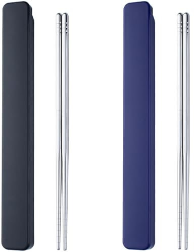 2 Pair Portable Chopsticks with Pull Design Case, Reusable Metal Stainless Steel Chopstick Travel Utensil for School Home Office Outdoor Camp Bento Box Use, Dishwasher Safe (Black, Dark Blue)