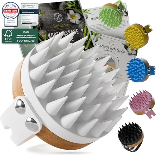 HELDSON® Premium Kopfhaut Massagebürste - FSC®100% - Kopfmassage Bürste - Scalp Massager Brush - Haar Massagebürste Haare - Hair Care Kopfhaut Peeling - Kopf Massage - Scalp Scrub [Opalweiß]