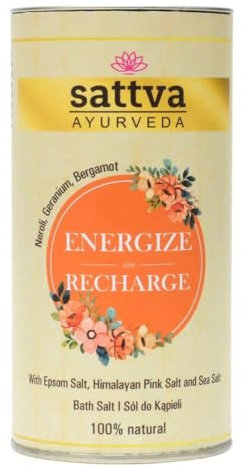 Sattva Badesalz und Fußbad – Energize Recharge Bath Salt – 100% Natur: Entspannungsbad und Peeling-Salz mit Bergamotte-Duft – Epsom Salz, Himalaya Salz und Meersalz – für Frauen, Männer 300g