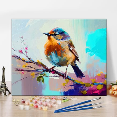TISHIRON Kit de Peinture par Numéros pour Adultes - Oiseau Gras sur la Branche - Huile et Acrylique - Art et Artisanat - 40,6 x