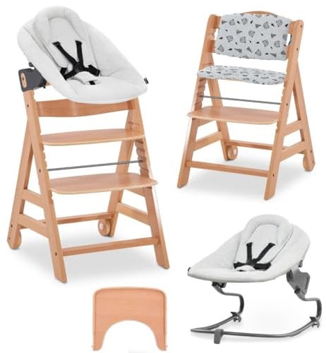 hauck Seggiolone Pappa Evolutivo Alpha Move Newborn Set - Sedia Bambini Da 0 Mesi con Nuova Sdraietta Neonati Premium, Cintura 5 Punti, Ruote, Vassoio e Cuscino - Naturale, Grigio chiaro