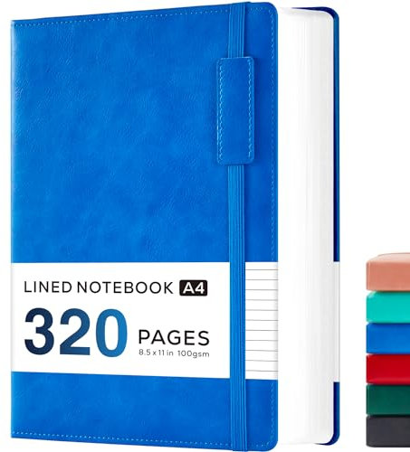 NIRMIRO A4 liniertes Notizbuch, Hardcover, 320 Seiten, A4 Notizblock, Leder-Notizbuch, Tagebuch mit 100 g/m² dickem Papier, Innentasche, für Schule, Büro, Arbeit, Schreiben, 21,5 x 28 cm, Blau