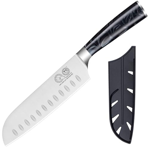 XYJ 7 Inch Japanese Santoku Knife,Stainlss Steel,Ultra Sharp,Professional Kitcen Knife With Sheath,Wood Handle,Meat Cleaver for Meat Cuting,Vegetable Slicing Cooking Knife