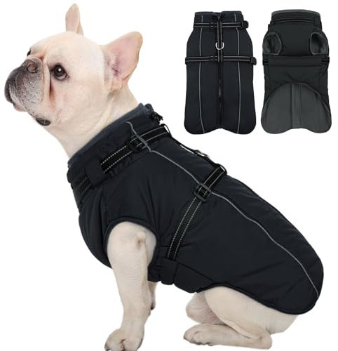 Kuoser Hundemantel für Kleine Hunde - Wasserdicht, Warm Mit Geschirr - Winterjacke, Fleecemantel, Pullover - XS Schwarz