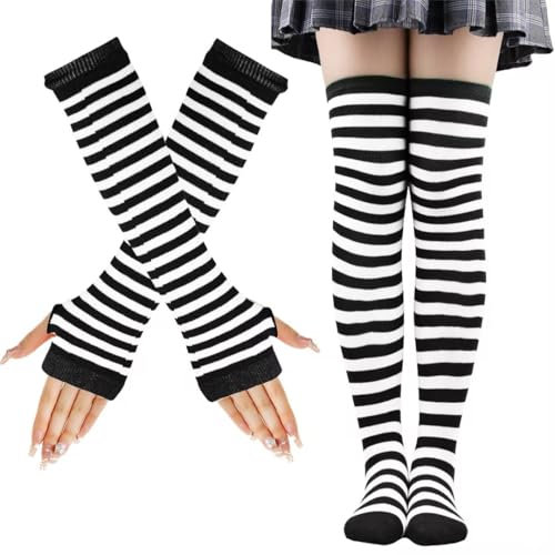 LUKIUP KniestrüMpfe Schwarz Weiß Anzug, Hohe Elastizität Gestreifte Warme Fingerlose Handschuhe Kniehohe Socken Set, Mädchen Damen Extra Lange Socken für Halloween Cosplay Gestreifte Lange Socken