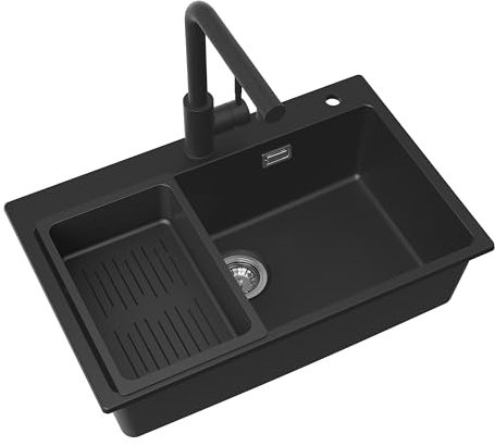 CECIPA Spülbecken Schwarz mit Wasserhahn Ausziehbar 70x45 cm, Granitspüle mit Ab- und Überlaufgarnitur, Küchenspüle Einbaubar ab 80 cm Schrankbreite, Spüle Küche mit Großem Becken, Armatur X203B