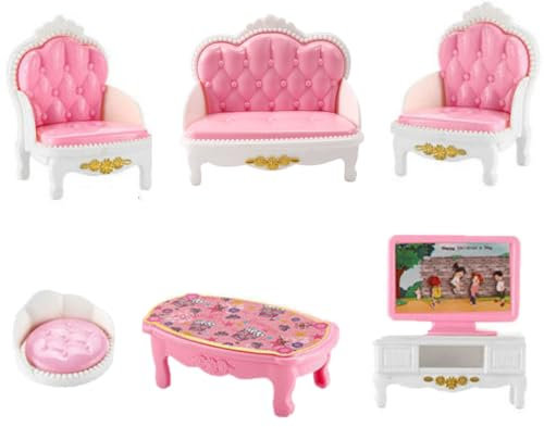 KARLOR Puppenhaus Möbel Set Wohnzimmer, 7 Stück Miniatur Möbel Set, Sofa Sessel Tisch Fernsehen Kissen Couchtisch, Puppenhaus Zubehör Deko 1:12 Puppenhaus Dollhouse Deko Puppenmöbel Rosa(Wohnzimmer)