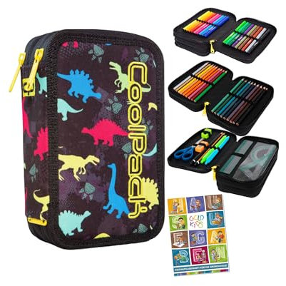 Goldkids - Federmäppchen 3 Fächer - Mäppchen für Mädchen und Jungen - Federmappe 3-Fach Federtasche Gefüllte Schüleretui Schulmäppchen und Hausaufgabenheft - Dinosaurier Motiv