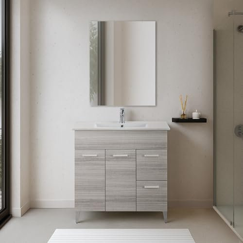 Mobile Bagno Da 80 Cm In Legno Melaminico Grigio Con Due Ante E Due Cassetti Con Consolle In Ceramica E Specchio Da 60 X 80 Cm
