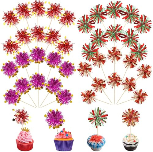 Kisstta 40 Stück Cocktail Deko, Bunte Feuerwerk Kuchen Deko Geburtstag, Glitzernde Cake Topper, Cocktailspieße, Cocktail Zubehör, Kuchendeko für Party, Cupcake, Muffin Dekorationen