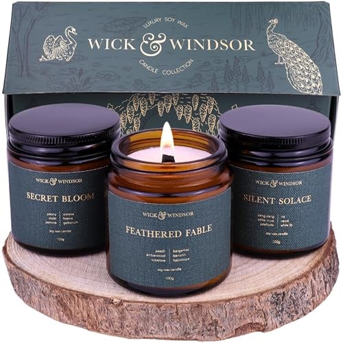 Wick & Windsor | Scented Candle Gift Set | Secret Garden Collection | 3 Luxury Soy Wax Candles | Wooden Wick | 3×100g | Peony, Wisteria & White Lily | Gift for Women - Mother's Day, Birthday