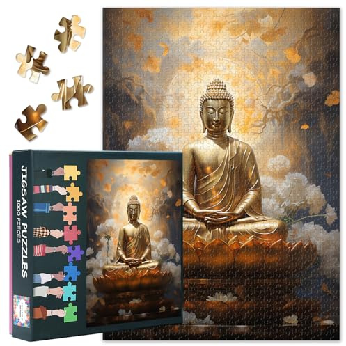 1000 Teile Puzzle für Erwachsene, Goldener Buddha in Meditation umgeben von weißen Blüten, 1000 Teile Puzzle 70x50 cm