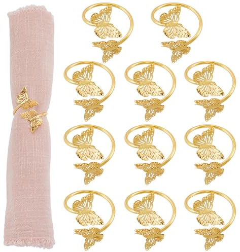 GORGECRAFT 12 Stück Goldene Schmetterlings Serviettenringe Aus Metall Und Eisen Hohl Doppelte Schmetterlinge Serviettenschnalle Tischdekoration Serviettenhalterring Für Valentinstag Veranstaltung Hoch