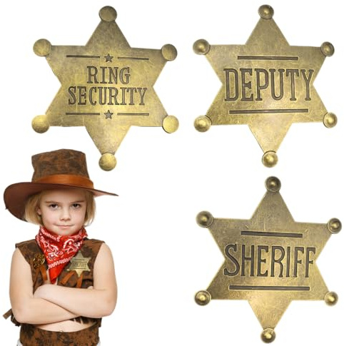 LAKPYN 3 Stück Sechseck Abzeichen Aus Metall, Polizeibrosche Western, Sternförmiger Alter Stil Prop Cowboy Party Stecknadel,Für Halloween Cosplay Kostüm Spiel Requisiten