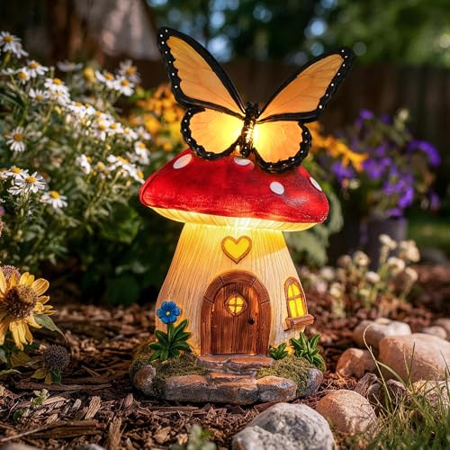 GIGALUMI Solar Schmetterlings Pilzhäuser, Gartendeko für Außen, Geschenke für Mama, Muttertagsgeschenke, Wasserfeste Pilz Gartendekoration für Garten, Terrasse, Geburtstagsgeschenk für Frauen