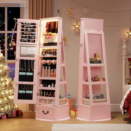 FREDEES 360° Swivel Jewelry Organizer with Full Length Mirror, Pink | with Lights, Standing Cabinet with Drawers, Large Storage for Living Room, Bedroom, for Mom, Wife & Girls