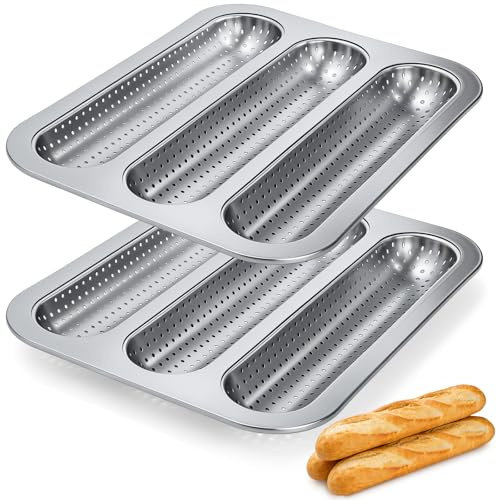 ZOOFOX 2 Pack Nonstick Perforated Baguette Pan, 3-Slot French Bread Baking Pan, Carbon Steel Baguette Tray for Professional and Home Baker, Sourdough, Italian Bread Baking