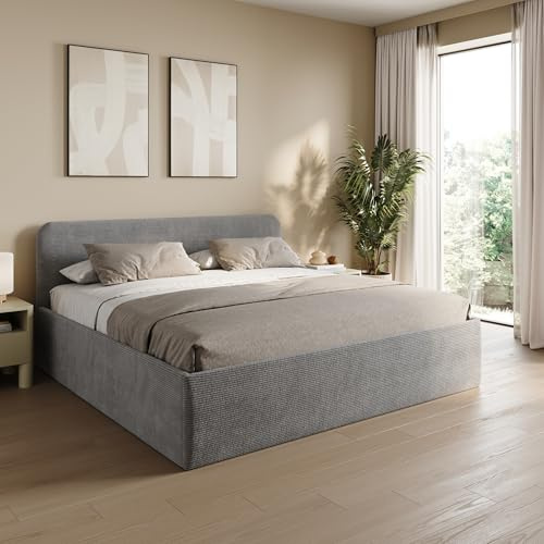 Home Collective Polsterbett 200x200 cm Doppelbett Bett mit verstellbarem Lattenrost & Stauraum, viele Größen verfügbar | Kordstoff Grau