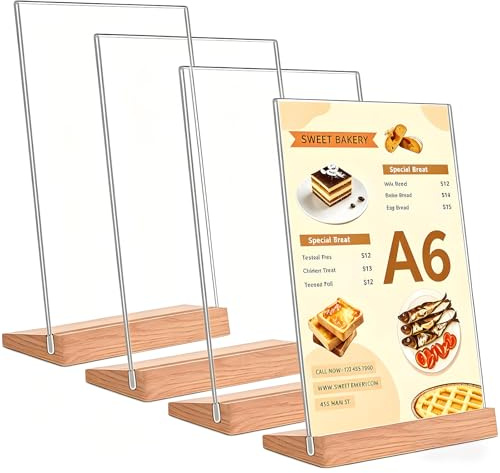 Kisstta Transparenter Acryl Doppelseitige Menükartenhalter, Schräg L aufsteller mit Holzsockel für Restaurants, Hochzeitsparty, Hotel, Cafés (transparent) (4 Stück, A6 10.5*14.8)