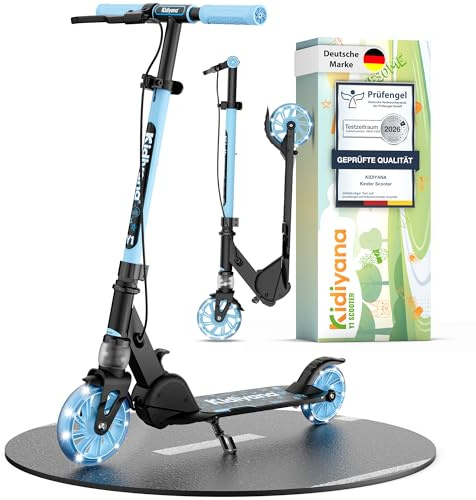 Kidiyana Kinderroller Scooter ab 5 Jahren bis 50 kg – Tretroller für Jungen & Mädchen mit 120 mm PU-Leuchträdern, ABEC-5 Kugellager, Handbremse & Stoßdämpfung, klappbar & höhenverstellbar