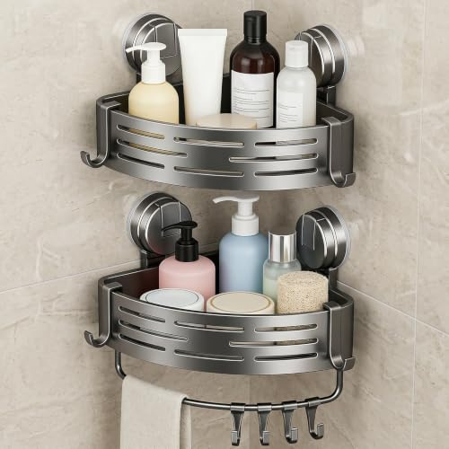 Duschablage Ohne Bohren mit Starke Saugnäpfe, Duschregal Ecke Saugnapf Badezimmer Regal Wand Duschkorb mit Handtuchhalter Eckregal Bad Ablage Dusche Regal Duschkorb Ohne Bohren für Küche, Bad