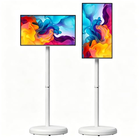 Monitor Touchscreen Smart 21,5 con Supporto TV Su Ruote,TV Portatile con Piedistall,Display All-In-One con Inclinazione e Rotazione,Batteria Integrata 6000 Mah per Soggiorno,Camera Letto,Ufficio