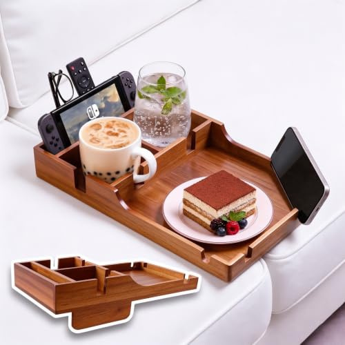 SparkleJoy Couchbar Sofa Tablett aus Holz, 2 Getränkehalter, rutschfest, klappbar – für Zwischenpolster & Armlehne, Snackbox, Fernbedienung, für armlose Sofas & Ecksofas