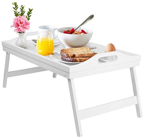 Plateau de lit avec pieds pliables, plateau de service en bois pour lit, TV, bureau, ordinateur portable, snack, blanc