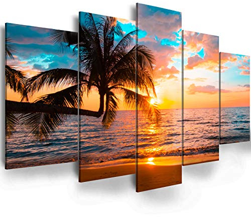 Abstract Ocean Photo Painting Poster Printed Abstract Landscape Blue Sky Screen Beautiful Ocean Beach Wall Art Canvas Print Framed Picture Painting for Room Home Decorations (C-5pcs,80x40)